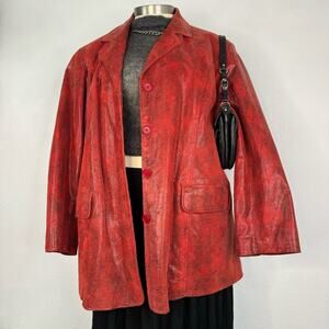 Vintage Y2K Red Genuine Leather Snakeskin Print Blazer Jacket Plus Size 3X